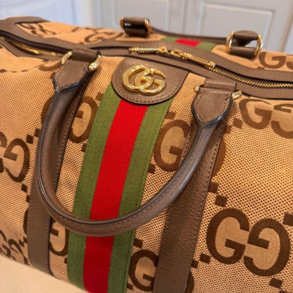 Gucci Monogram Jumbo GG Textured Dollar Calfskin Web Large Duffle  Camel Ebony - Picture 3 of 13